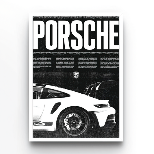 Porsche poster black and white, with text, white frame, 911Porsche
