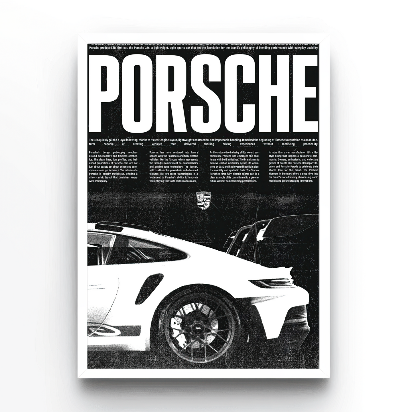 Porsche poster black and white, with text, white frame, 911Porsche