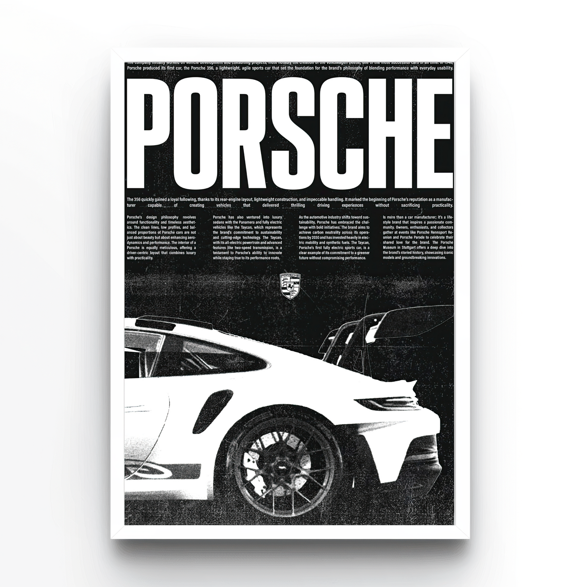Porsche poster black and white, with text, white frame, 911Porsche