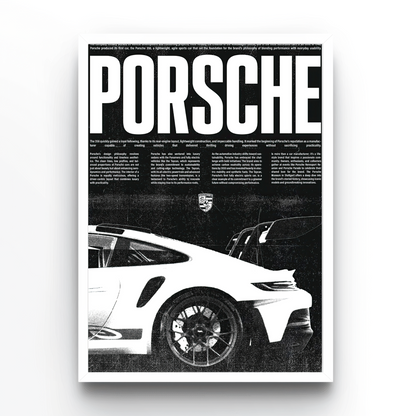 Porsche poster black and white, with text, white frame, 911Porsche